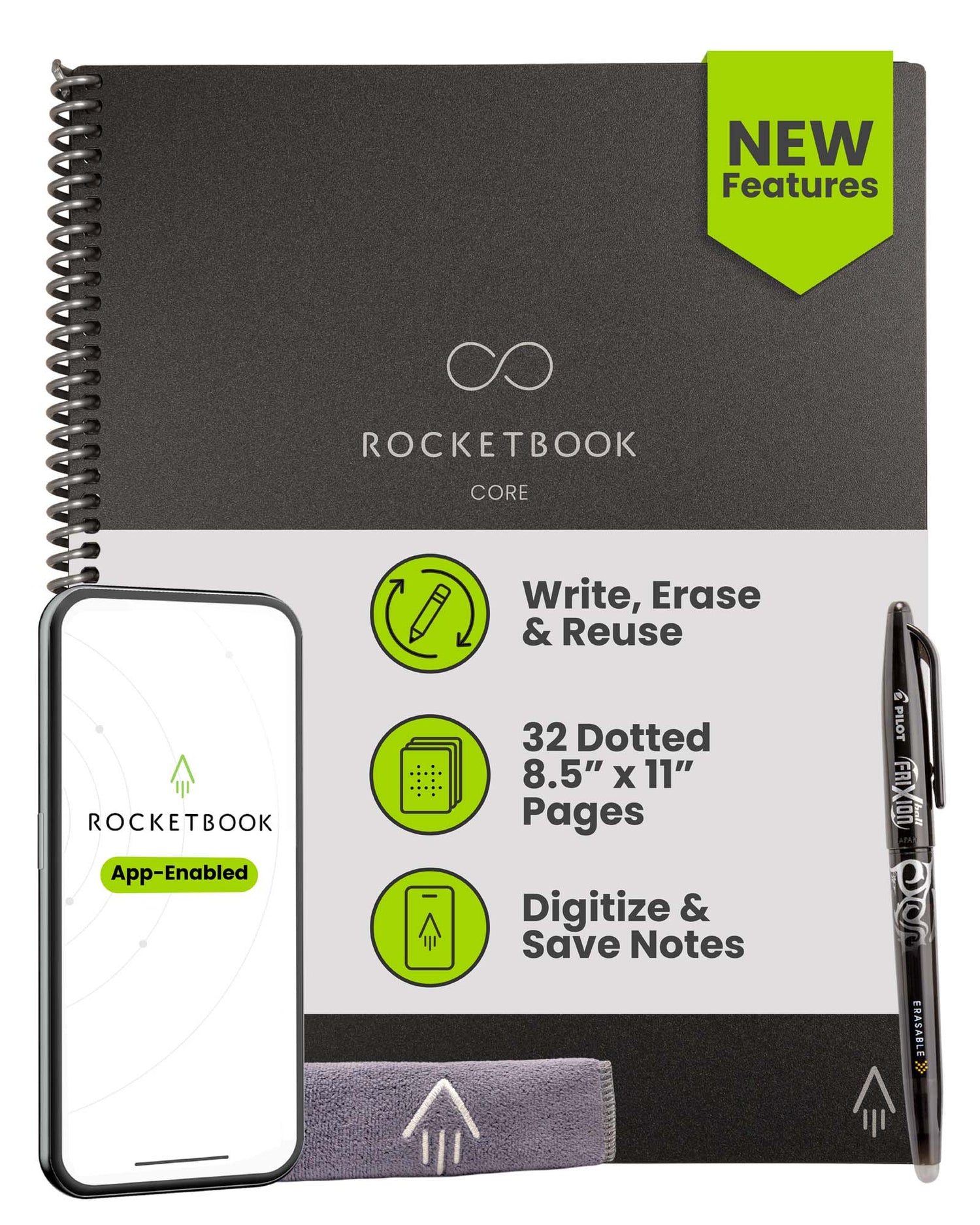 Hand writing on a Rocketbook page with a Pilot FriXion pen and a damp cloth nearby