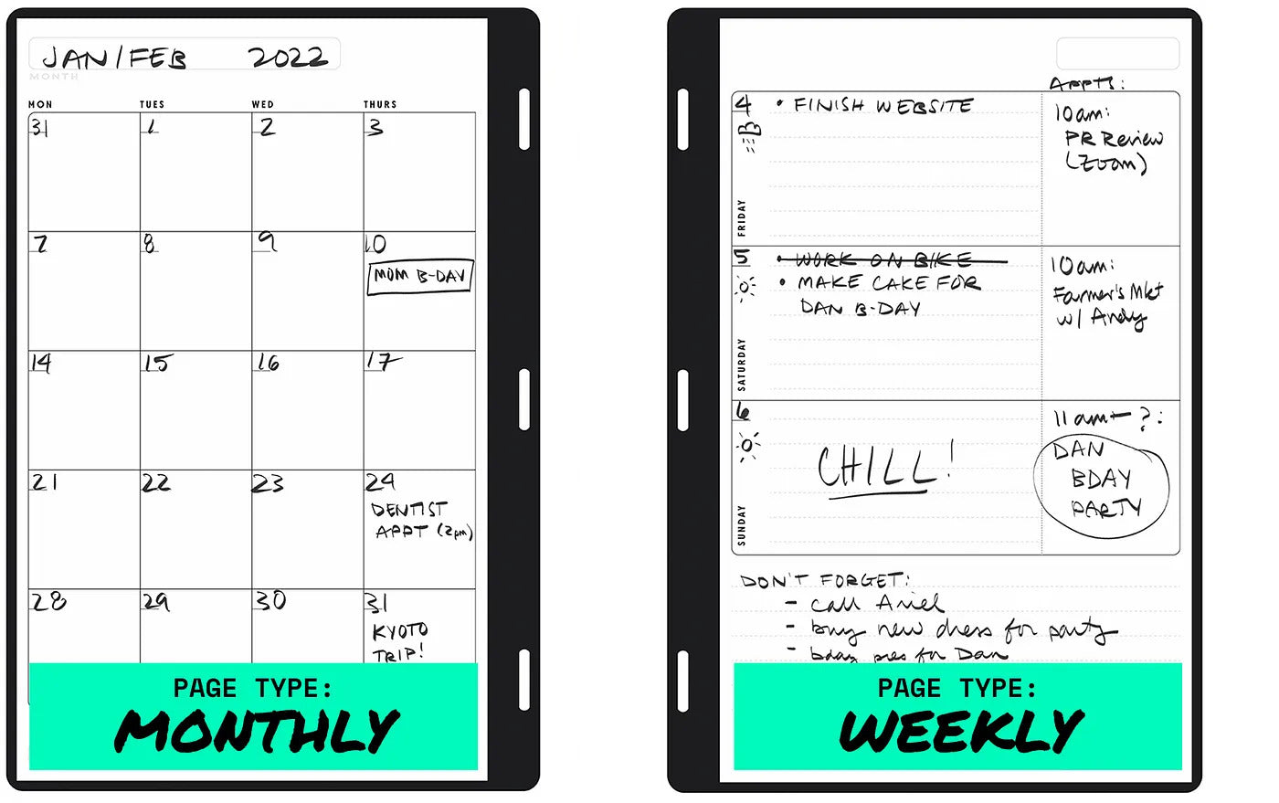 monthly/weekly Rocketbook pro page packs