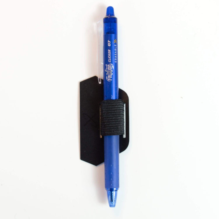 The Pen Station elastic pen holder holding a Pilot FriXion pen