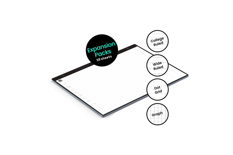 10 pages of loose-leaf paper with options for college ruled, wide ruled, dot grid, and graph formats