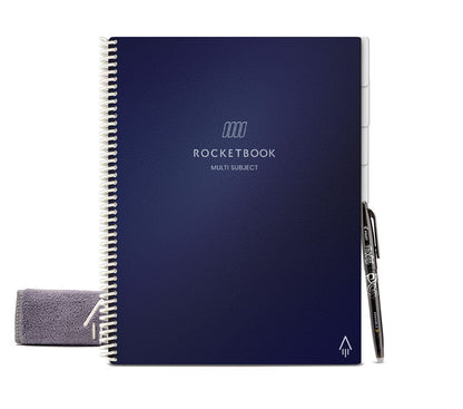 midnight blue Rocketbook multi-subject notebook with pen and cloth