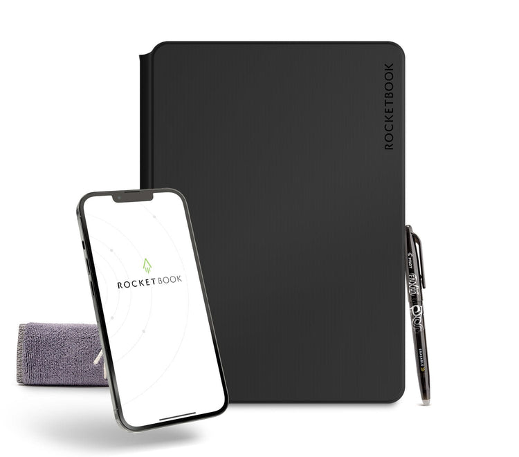 Rocketbook Notebook Smart Reusable Lined Eco-Friendly Notebook with 4  colored Pilot Frixion Pens, 1 Microfiber Cloth, & 1 Rocketbook Spay Bottle  - Infinity Black Cover, Letter Size (8.5 x 11) : 