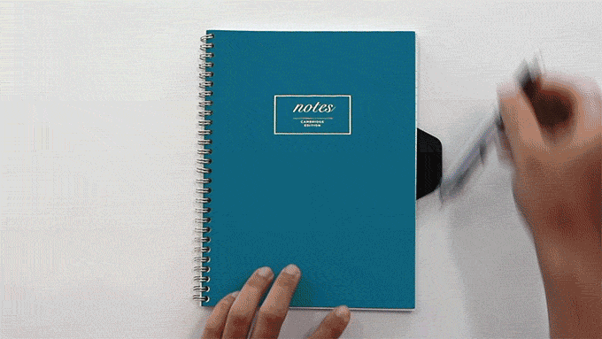 A GIF showing various pens being secured to different Rocketbook notebooks 
